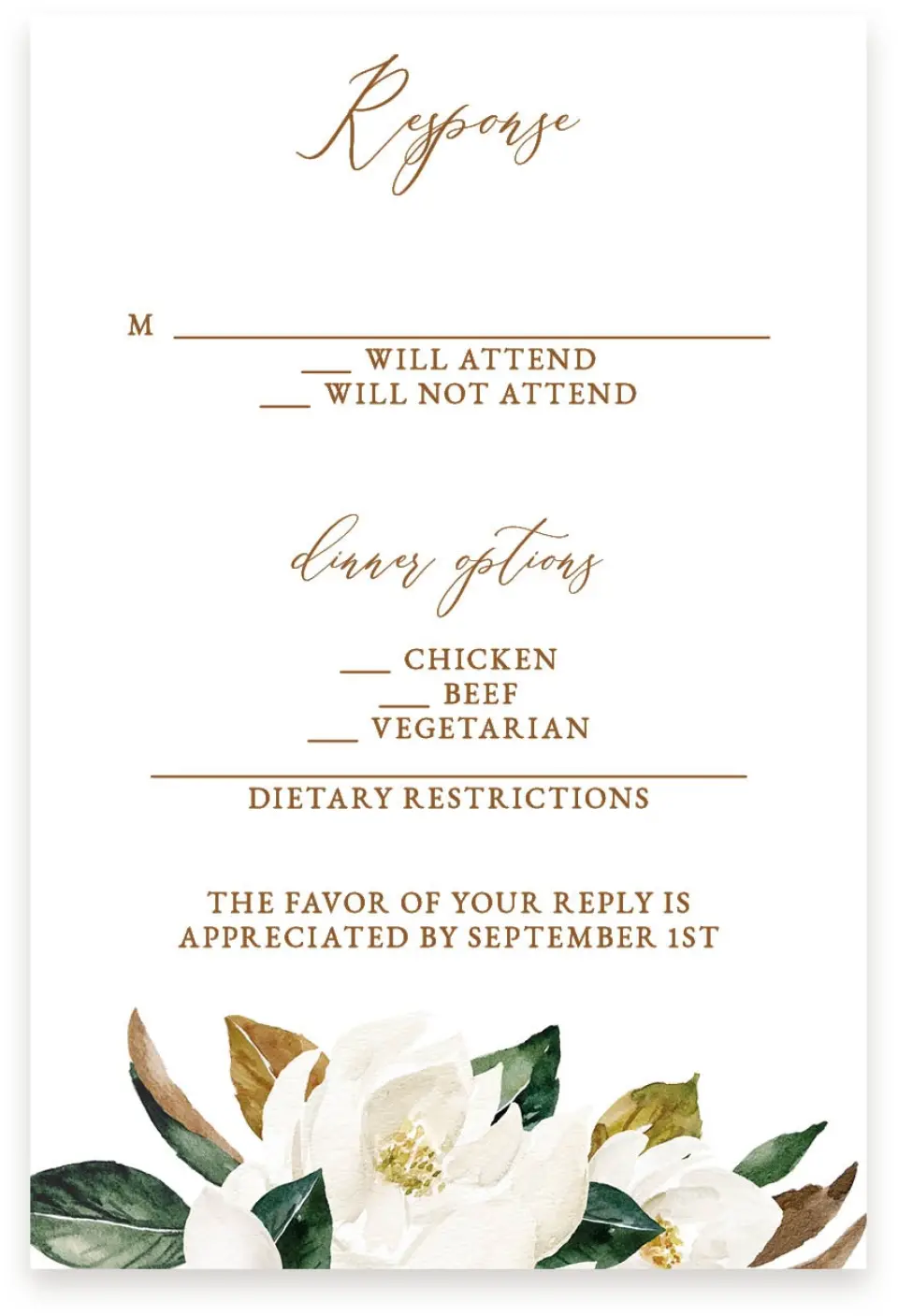 This is a  4" x 6" RSVP Postcards (Pocket Invitation) called Soft Magnolia printed in full color with Silver foil on Luxe Satin (coated) paper