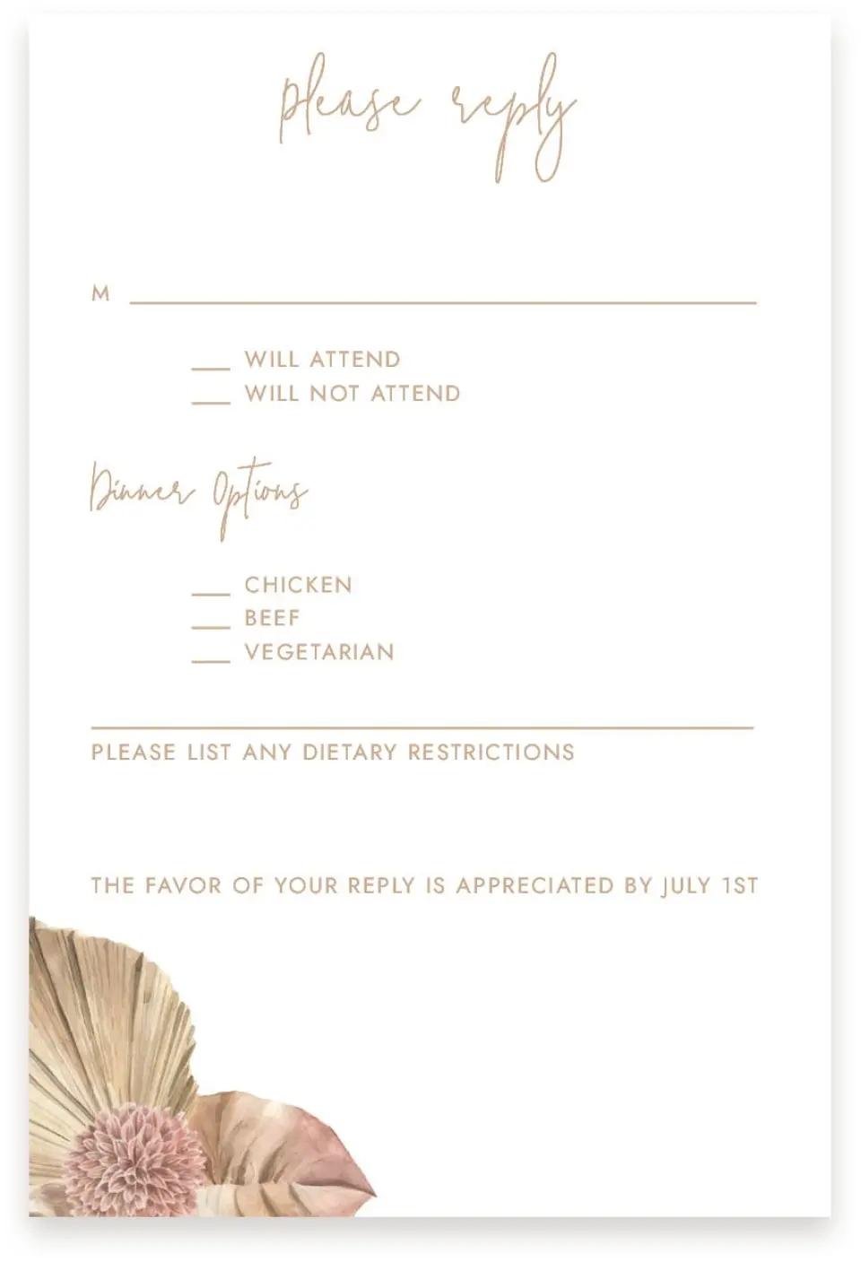 This is a  4" x 6" RSVP Postcards (Pocket Invitation) called Boho Blooms printed in full color on Premium Smooth paper