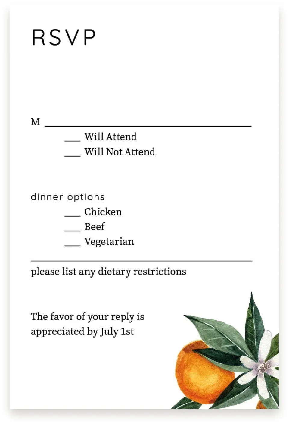 This is a  4" x 6" RSVP Postcards (Pocket Invitation) called Mod Citrus printed in full color with Silver foil on Luxe Satin (coated) paper