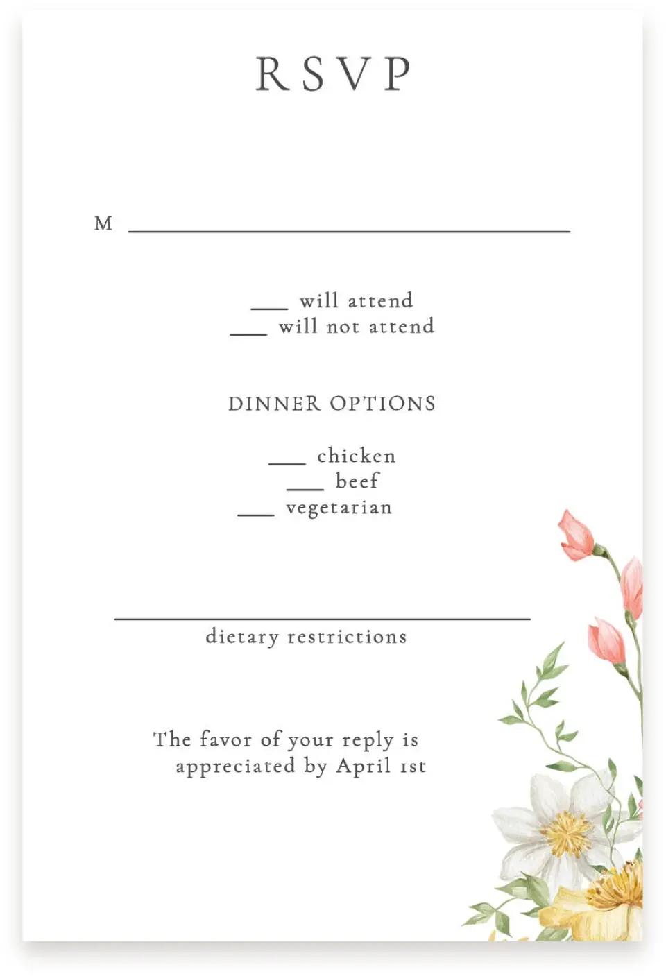 This is a  4" x 6" RSVP Postcards (Pocket Invitation) called Secluded Blooms printed in full color on Premium Smooth paper