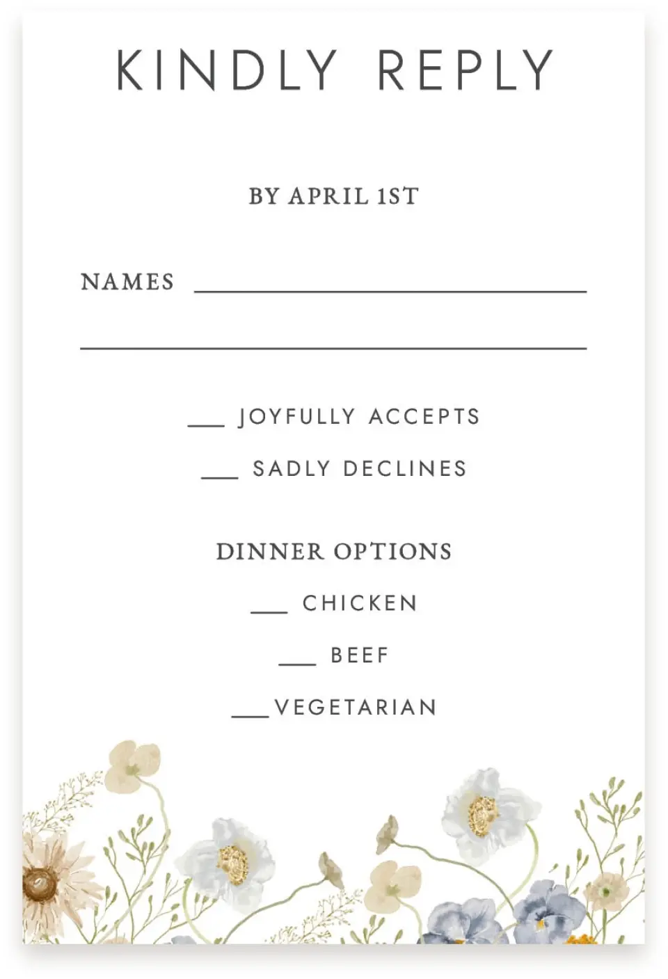 This is a  4" x 6" RSVP Postcards (Pocket Invitation) called Tender Blooms printed in full color on Premium Smooth paper