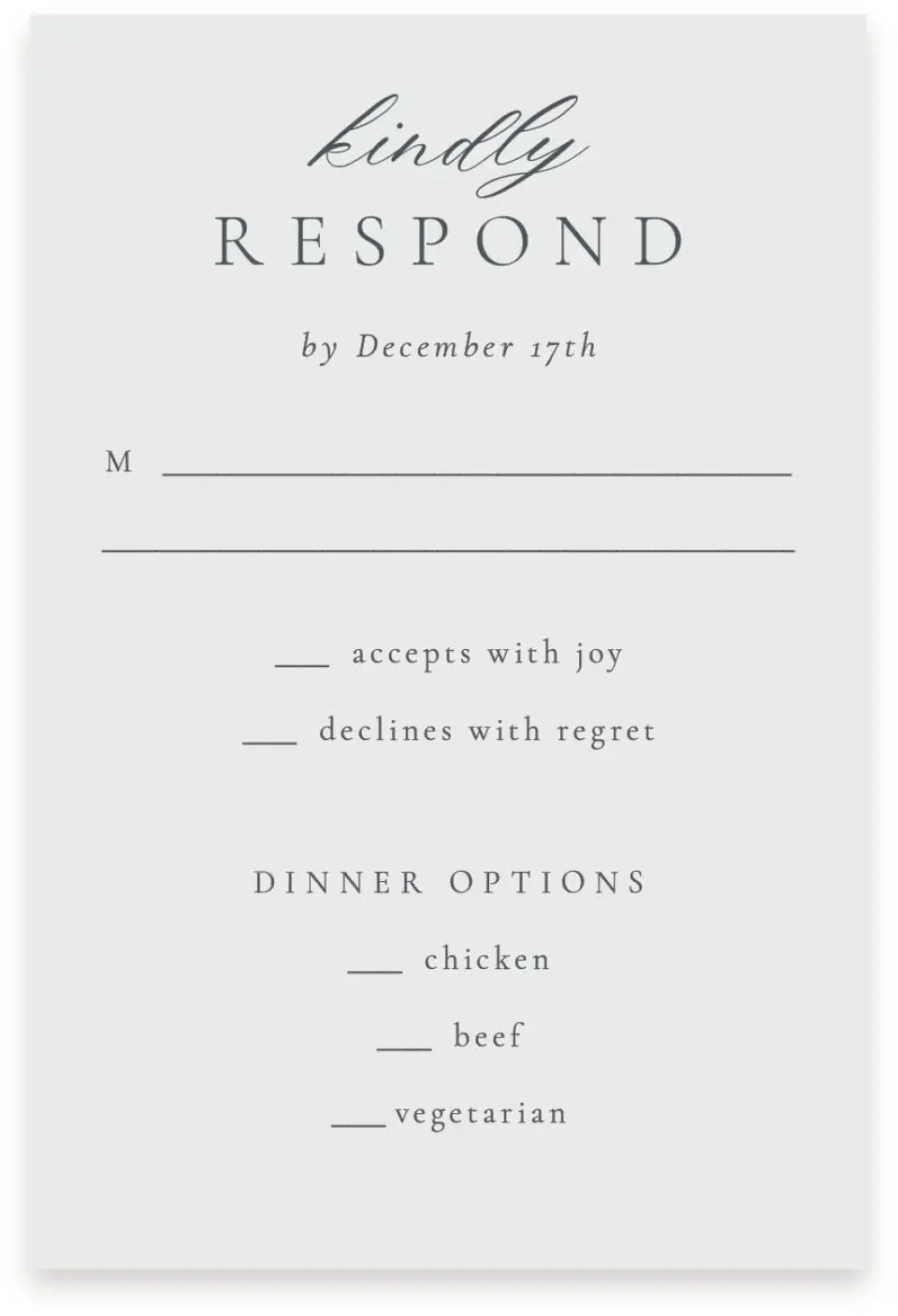 This is a  4" x 6" RSVP Postcards (Pocket Invitation) called Subtle Wreath printed in full color with Silver foil on Luxe Satin (coated) paper