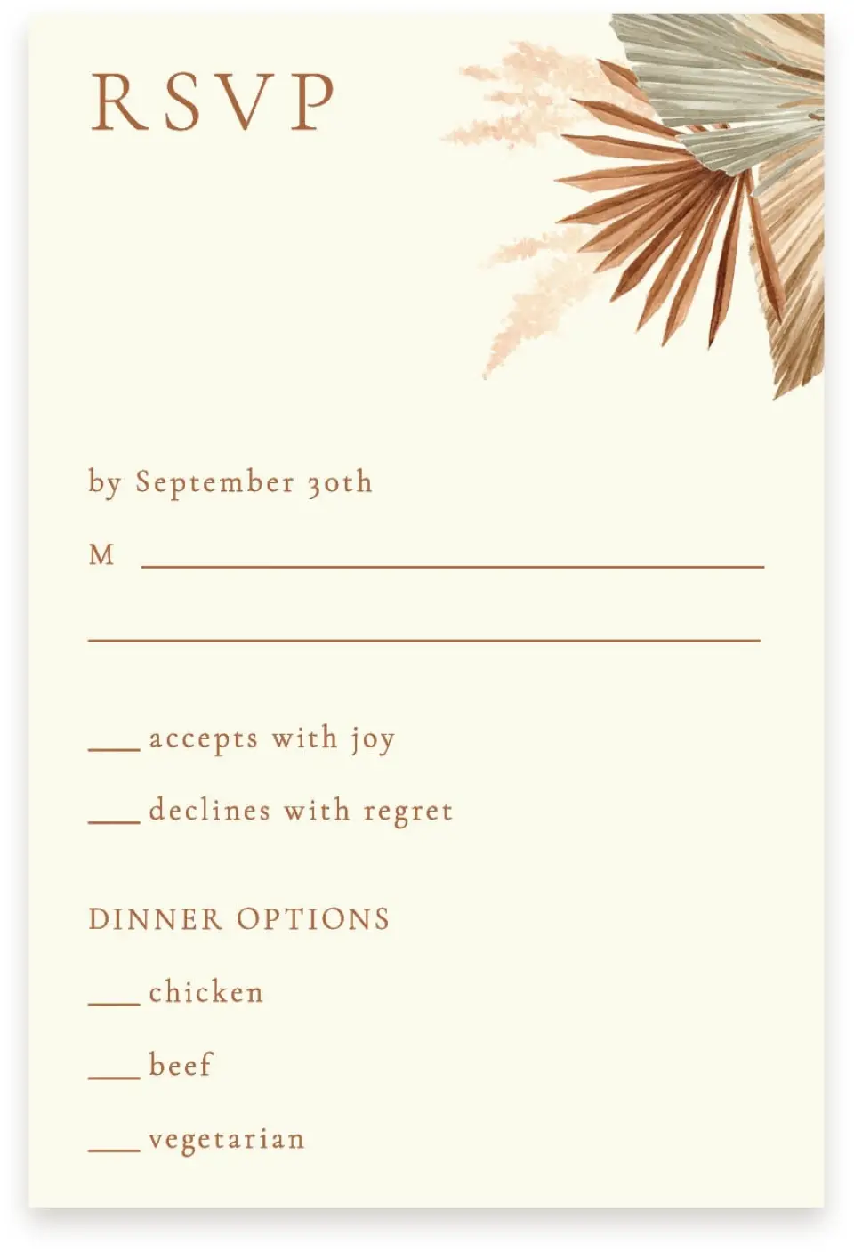 This is a  4" x 6" RSVP Postcards (Pocket Invitation) called Sandy Fronds printed in full color with Silver foil on Luxe Satin (coated) paper