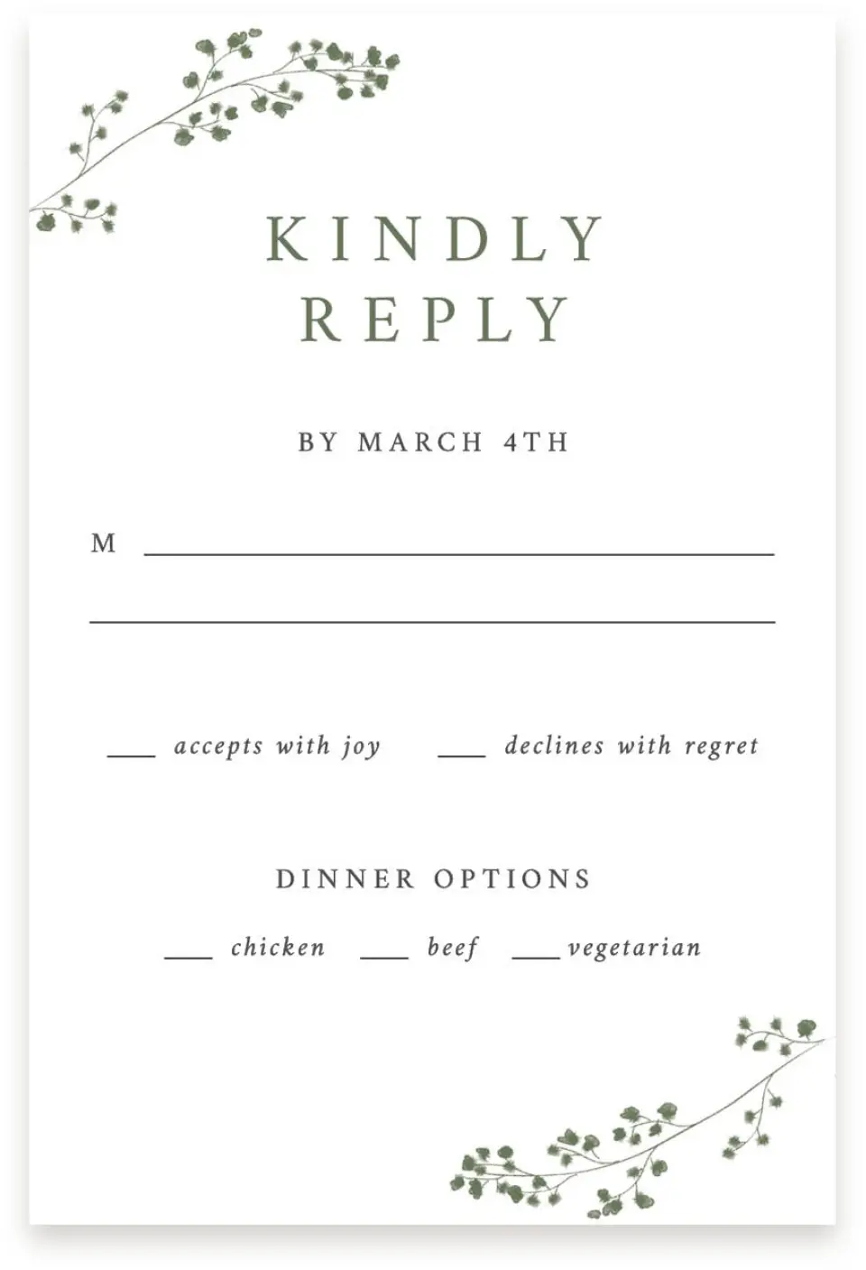 This is a  4" x 6" RSVP Postcards (Pocket Invitation) called Fresh Tendrils printed in full color with Silver foil on Luxe Satin (coated) paper