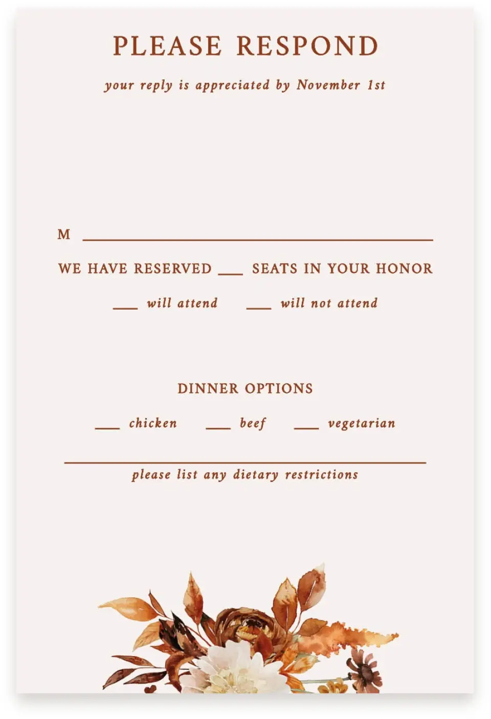 This is a  4" x 6" RSVP Postcards (Pocket Invitation) called Autumn Florals printed in full color on Premium Smooth paper