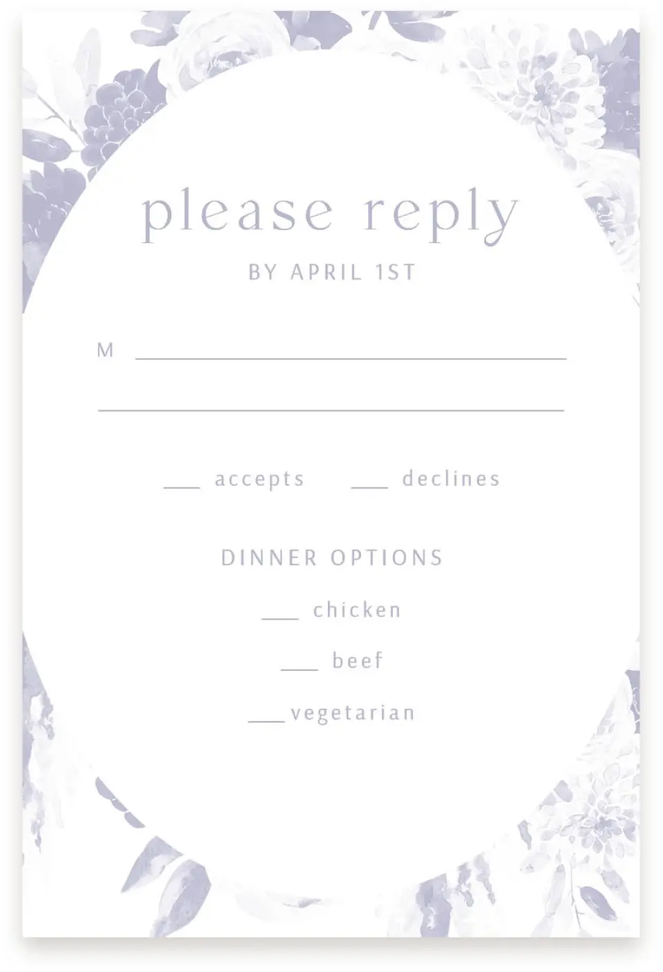 This is a  4" x 6" RSVP Postcards (Pocket Invitation) called Sweet Botanical printed in full color with Silver foil on Luxe Satin (coated) paper