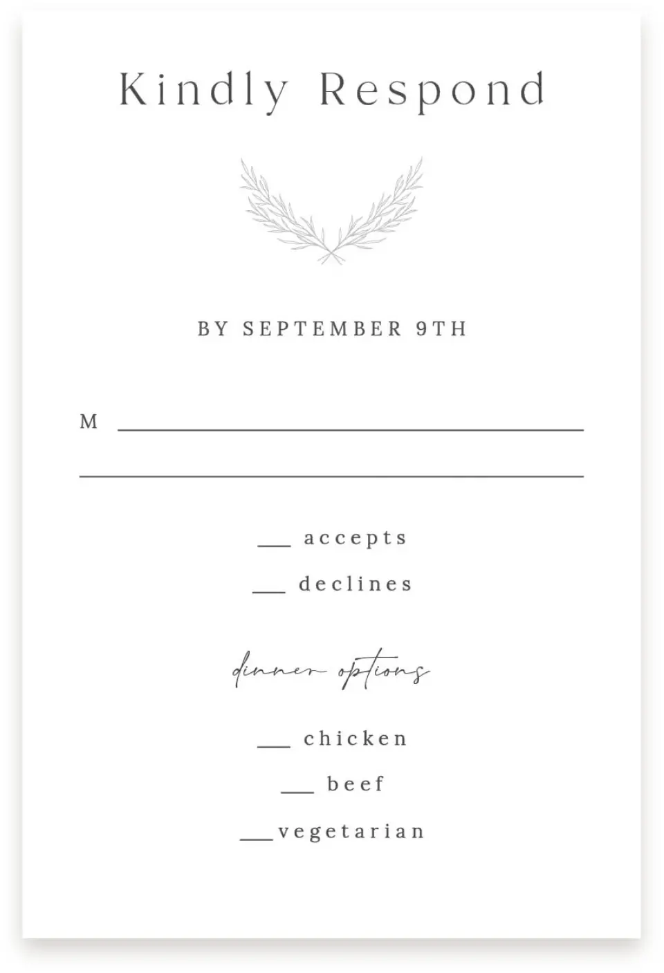 This is a  4" x 6" RSVP Postcards (Pocket Invitation) called Soft Sprig printed in full color with Silver foil on Luxe Satin (coated) paper