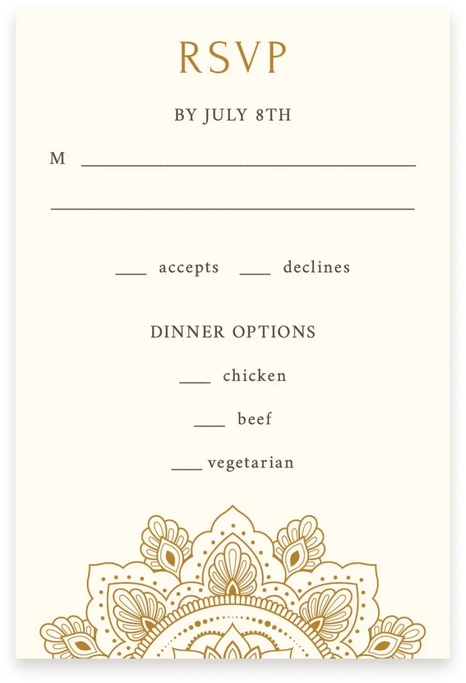 This is a  4" x 6" RSVP Postcards (Pocket Invitation) called Indian Mandala printed in full color on Premium Smooth paper