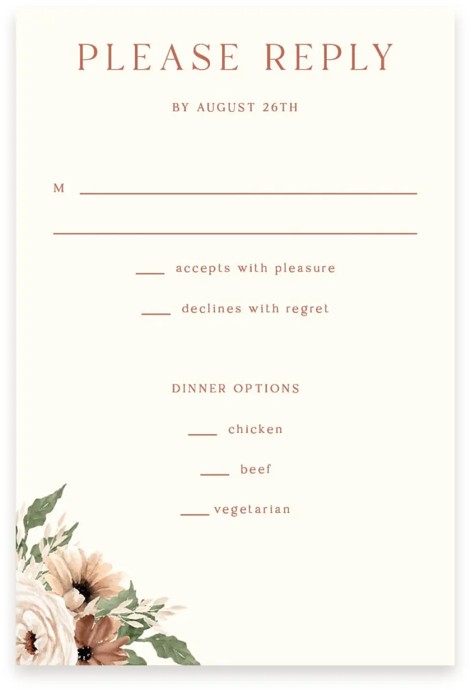 This is a  4" x 6" RSVP Postcards (Pocket Invitation) called Autumn Blooms printed in full color with Silver foil on Luxe Satin (coated) paper