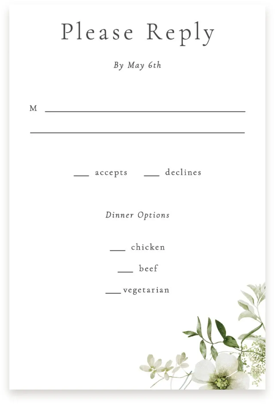 This is a  4" x 6" RSVP Postcards (Pocket Invitation) called Graceful Greenery printed in full color with Silver foil on Luxe Satin (coated) paper