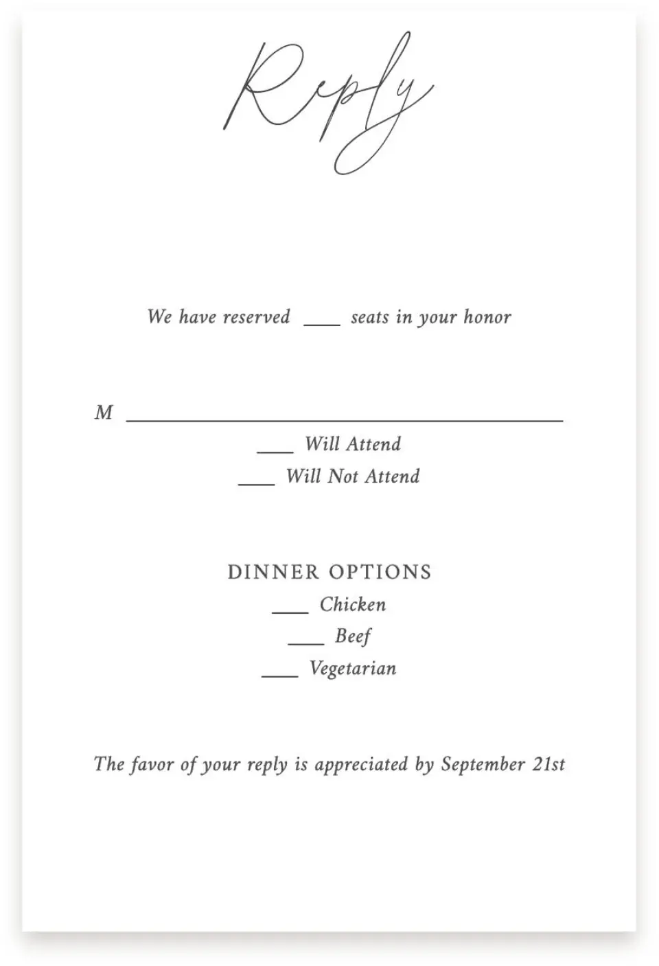 This is a  4" x 6" RSVP Postcards (Pocket Invitation) called The Madelyn printed in full color on Premium Smooth paper