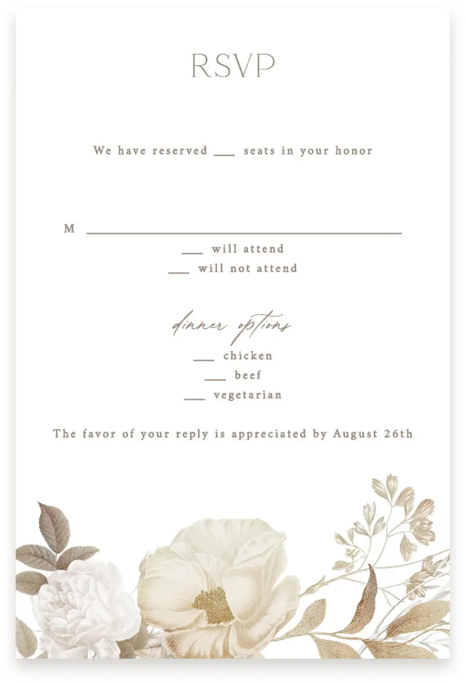This is a  4" x 6" RSVP Postcards (Pocket Invitation) called The Everly printed in full color with Silver foil on Luxe Satin (coated) paper