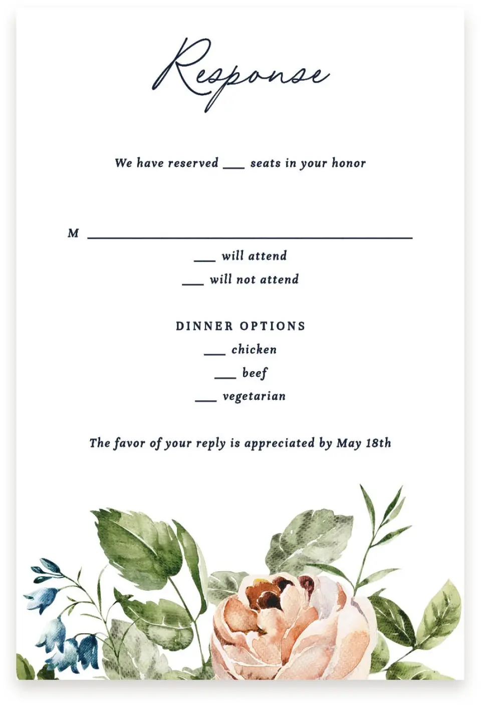 This is a  4" x 6" RSVP Postcards (Pocket Invitation) called The Natalie printed in full color with Rose Gold foil on Luxe Satin (coated) paper