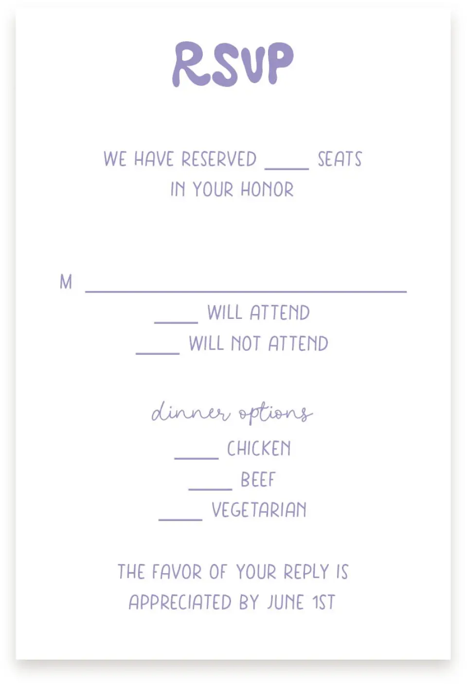 This is a  4" x 6" RSVP Postcards (Pocket Invitation) called The Karly printed in full color on Premium Smooth paper