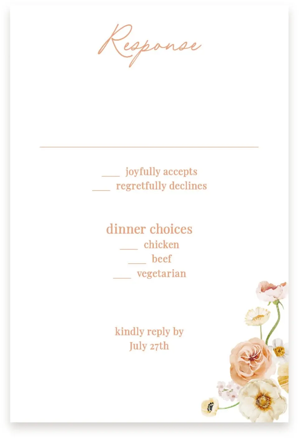 This is a  4" x 6" RSVP Postcards (Pocket Invitation) called Warm Wildflowers printed in full color on Premium Smooth paper