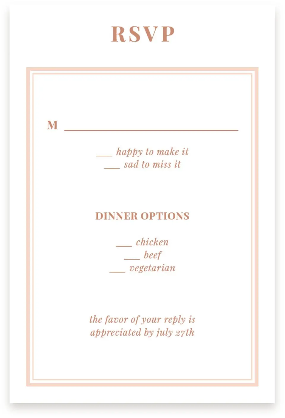 This is a  4" x 6" RSVP Postcards (Pocket Invitation) called Gorgeous Blush printed in full color on Premium Smooth paper