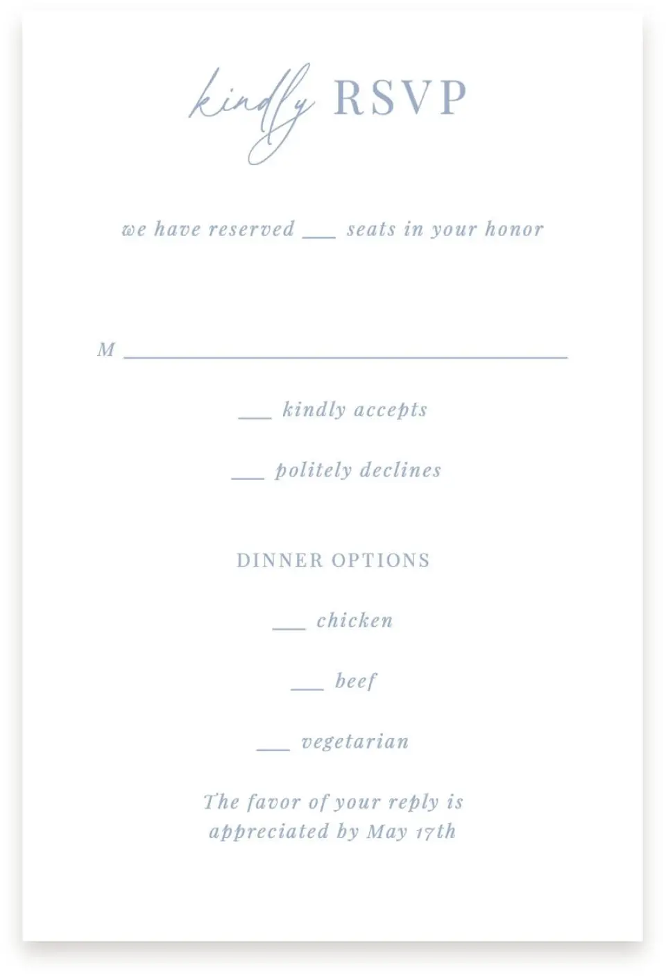 This is a  4" x 6" RSVP Postcards (Pocket Invitation) called Blue Blossoms printed in full color on Premium Smooth paper