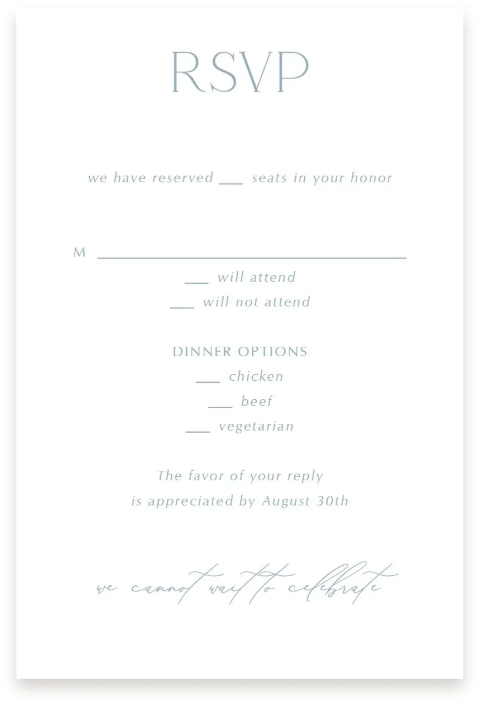 This is a  4" x 6" RSVP Postcards (Pocket Invitation) called The Victoria printed in full color with Silver foil on Luxe Satin (coated) paper