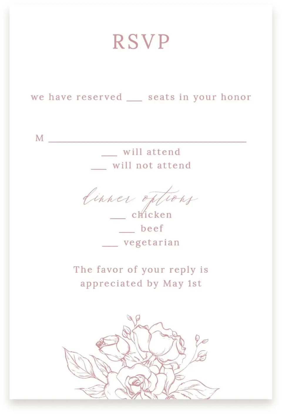 This is a  4" x 6" RSVP Postcards (Pocket Invitation) called Blushing Rose printed in full color on Premium Smooth paper