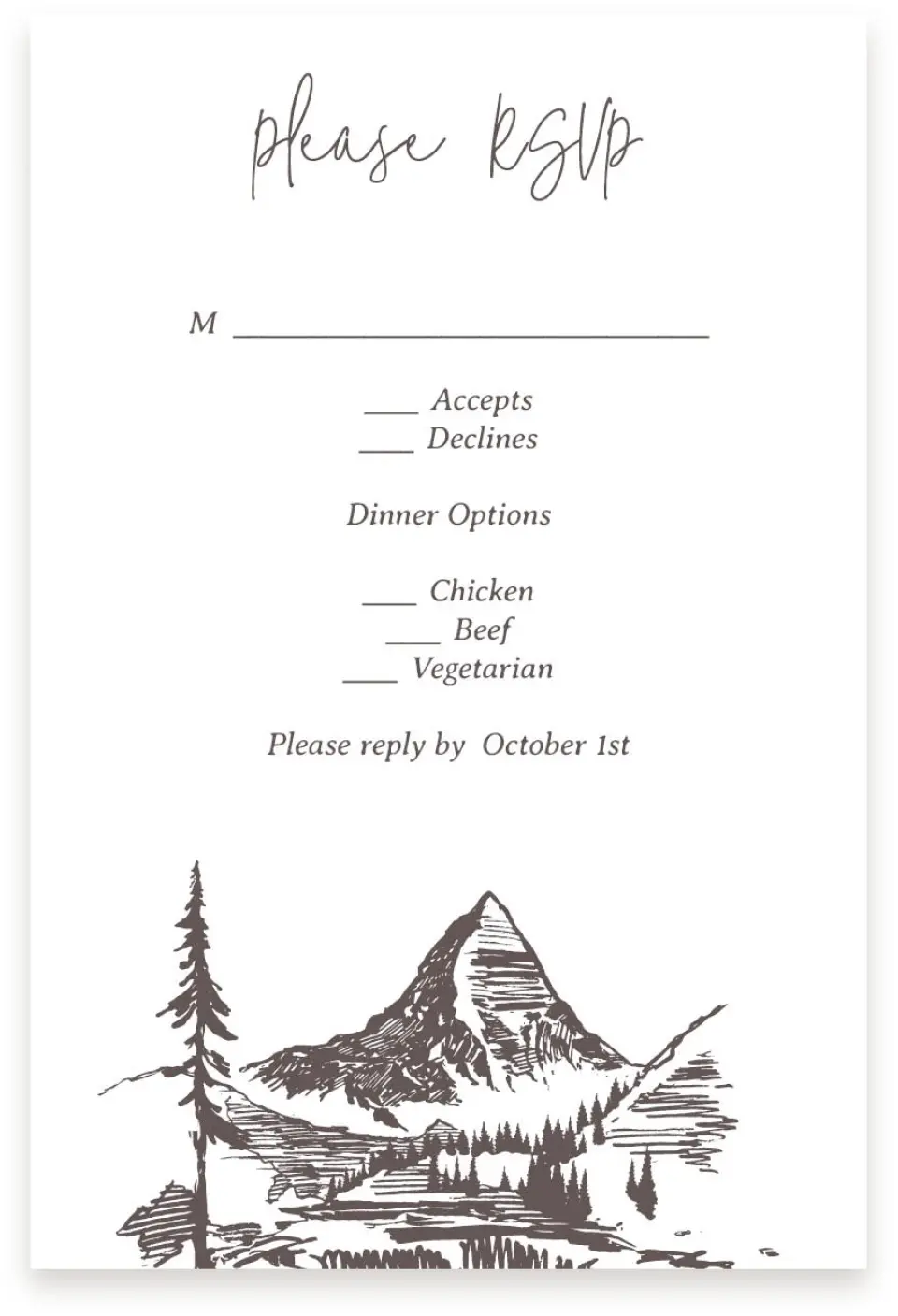 This is a  4" x 6" RSVP Postcards (Pocket Invitation) called Mountain Bliss printed in full color with Silver foil on Luxe Satin (coated) paper