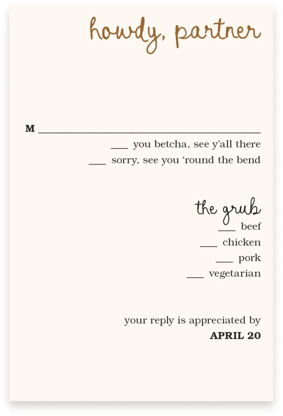This is a  4" x 6" RSVP Postcards (Pocket Invitation) called Head Over Boots printed in full color on Premium Smooth paper