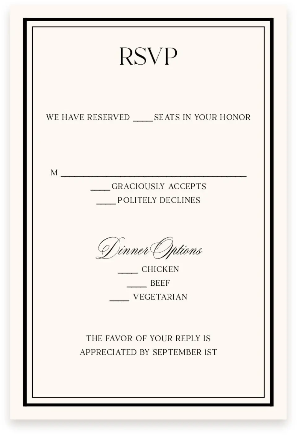 This is a  4" x 6" RSVP Postcards (Pocket Invitation) called Greenwich printed in full color with Rose Gold foil on Luxe Satin (coated) paper