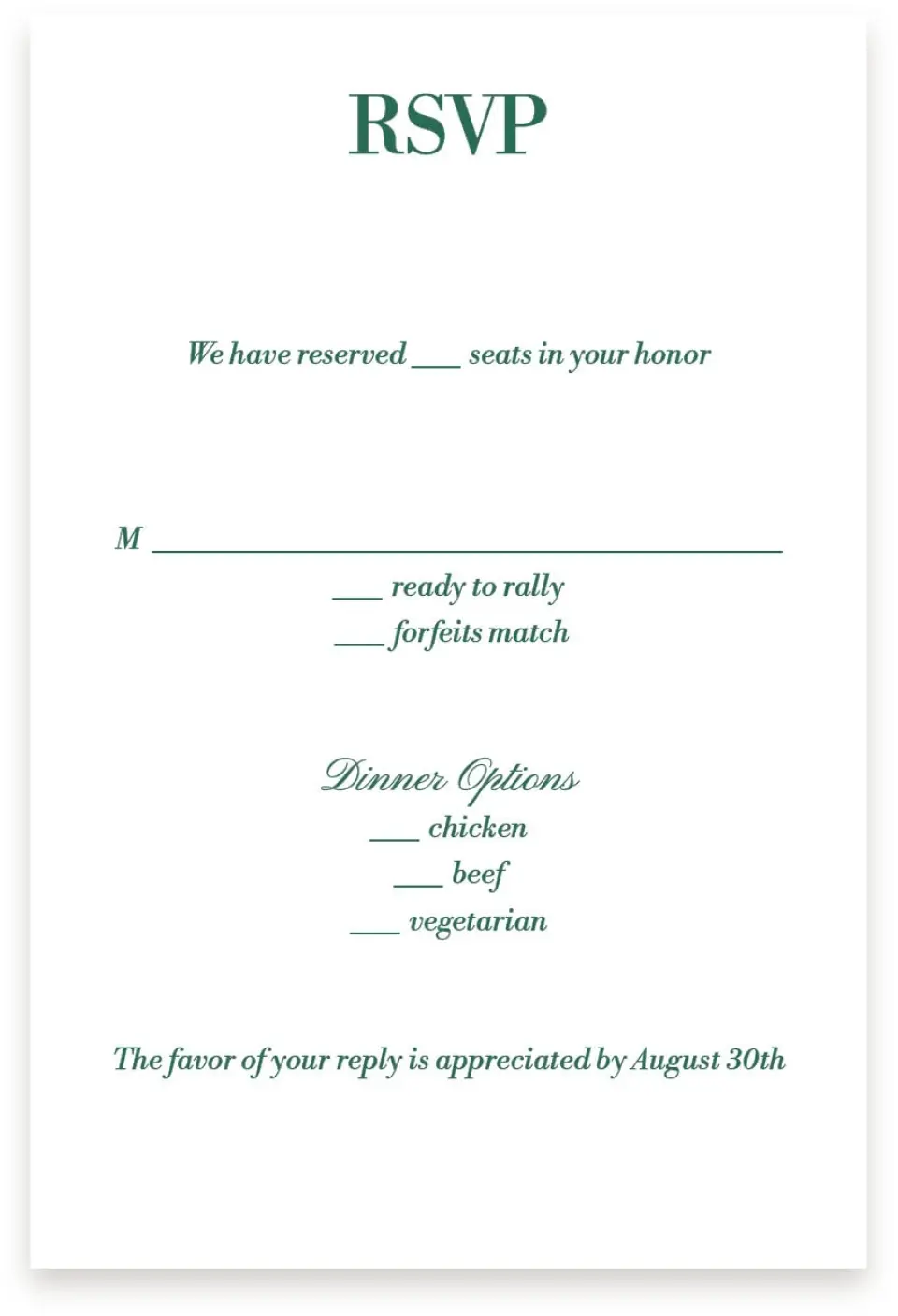 This is a  4" x 6" RSVP Postcards (Pocket Invitation) called Serving Up Forever printed in full color on Premium Smooth paper