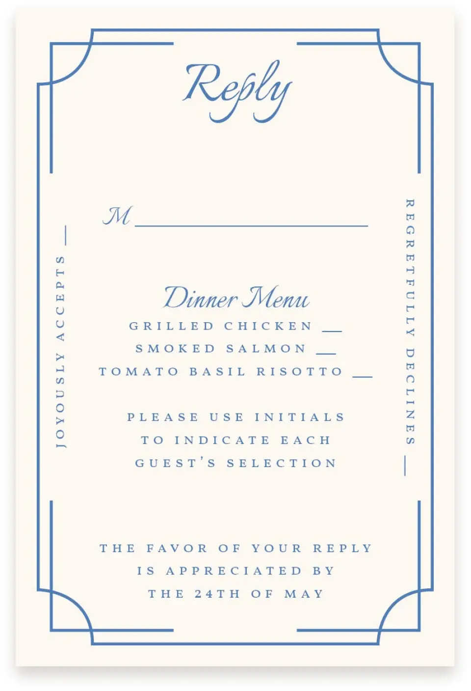 This is a  4" x 6" RSVP Postcards (Pocket Invitation) called Cambridge printed in full color with Silver foil on Luxe Satin (coated) paper