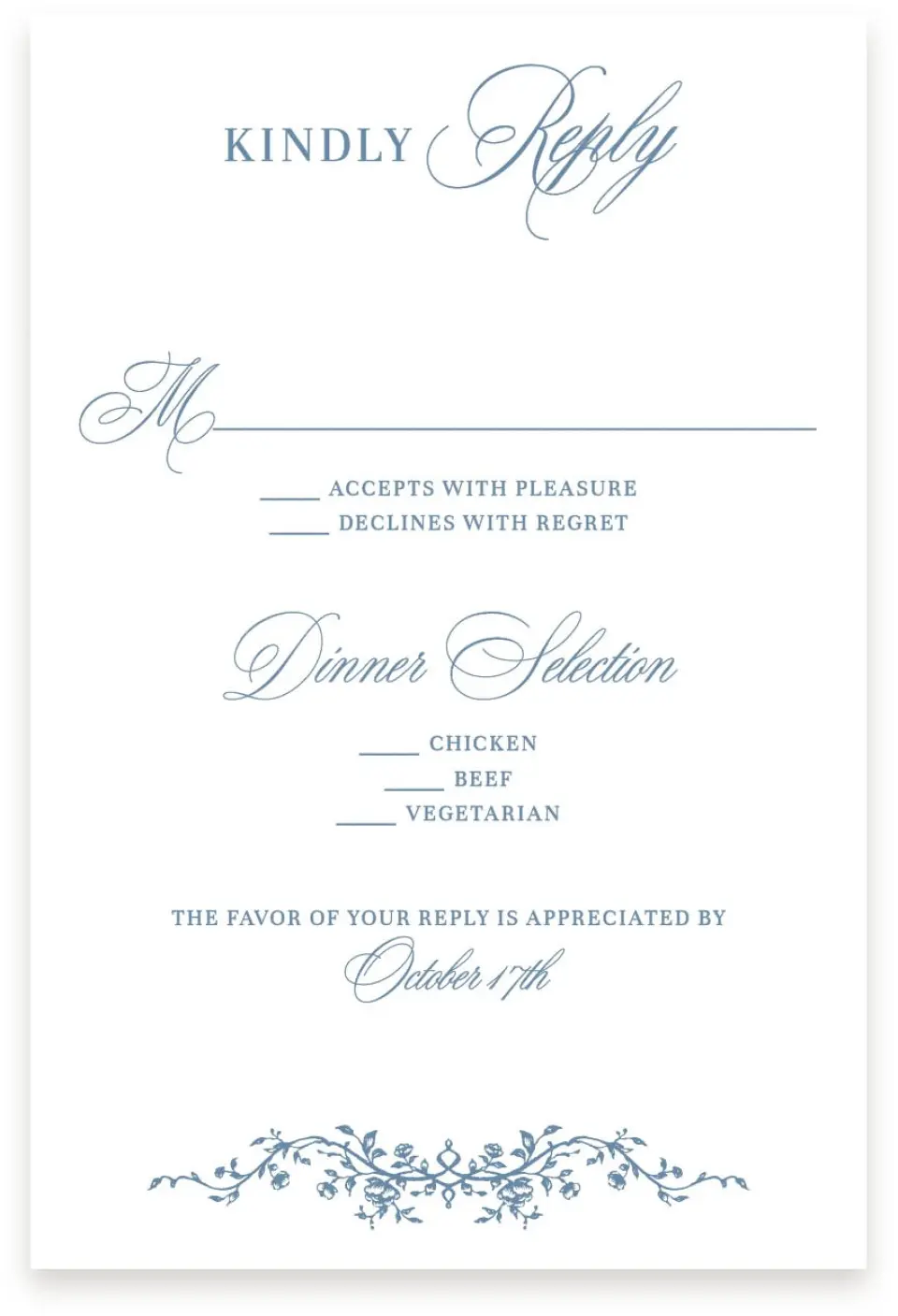 This is a  4" x 6" RSVP Postcards (Pocket Invitation) called Berkeley printed in full color with Silver foil on Luxe Satin (coated) paper