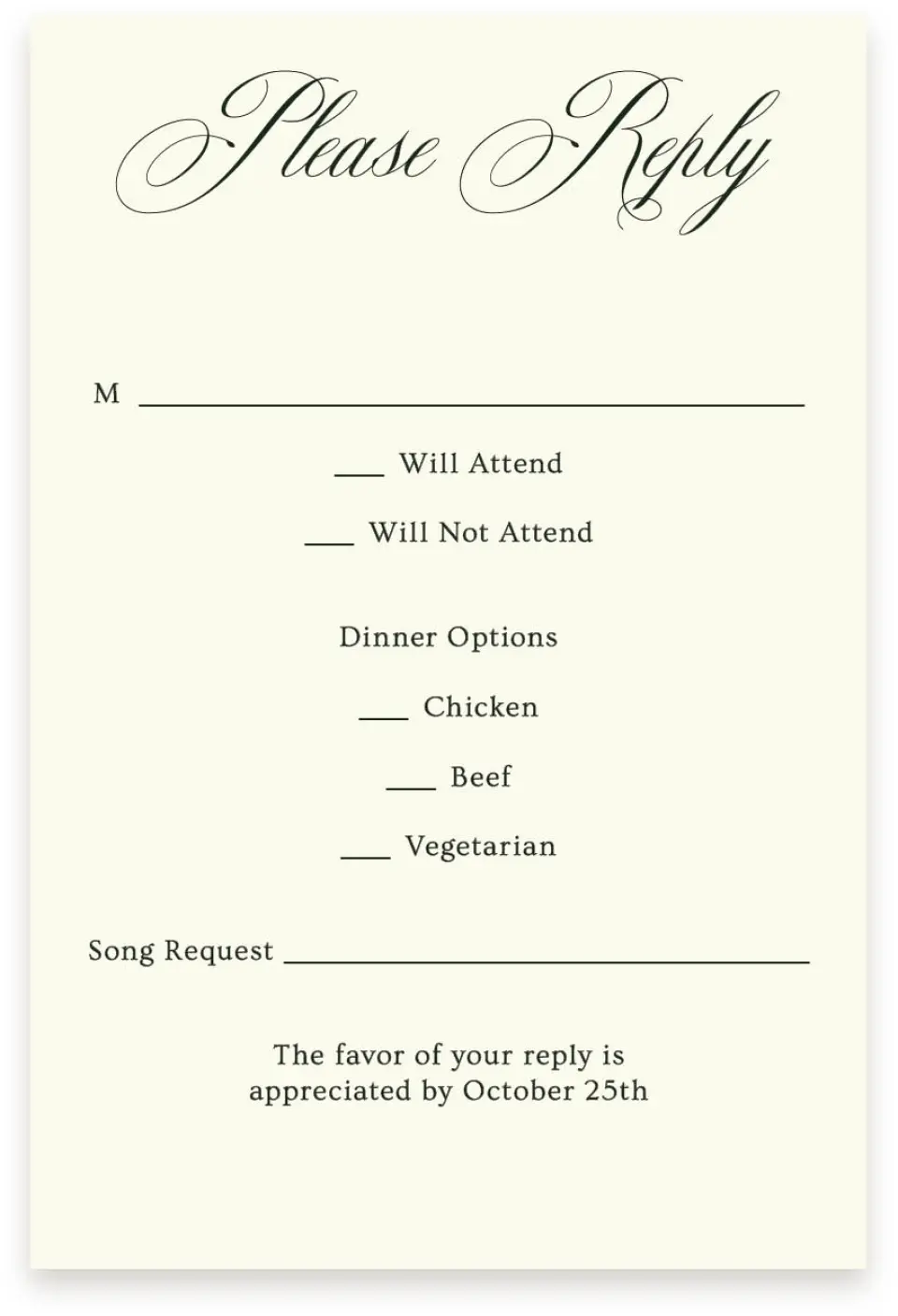 This is a  4" x 6" RSVP Postcards (Pocket Invitation) called Hillsborough printed in full color on Premium Smooth paper