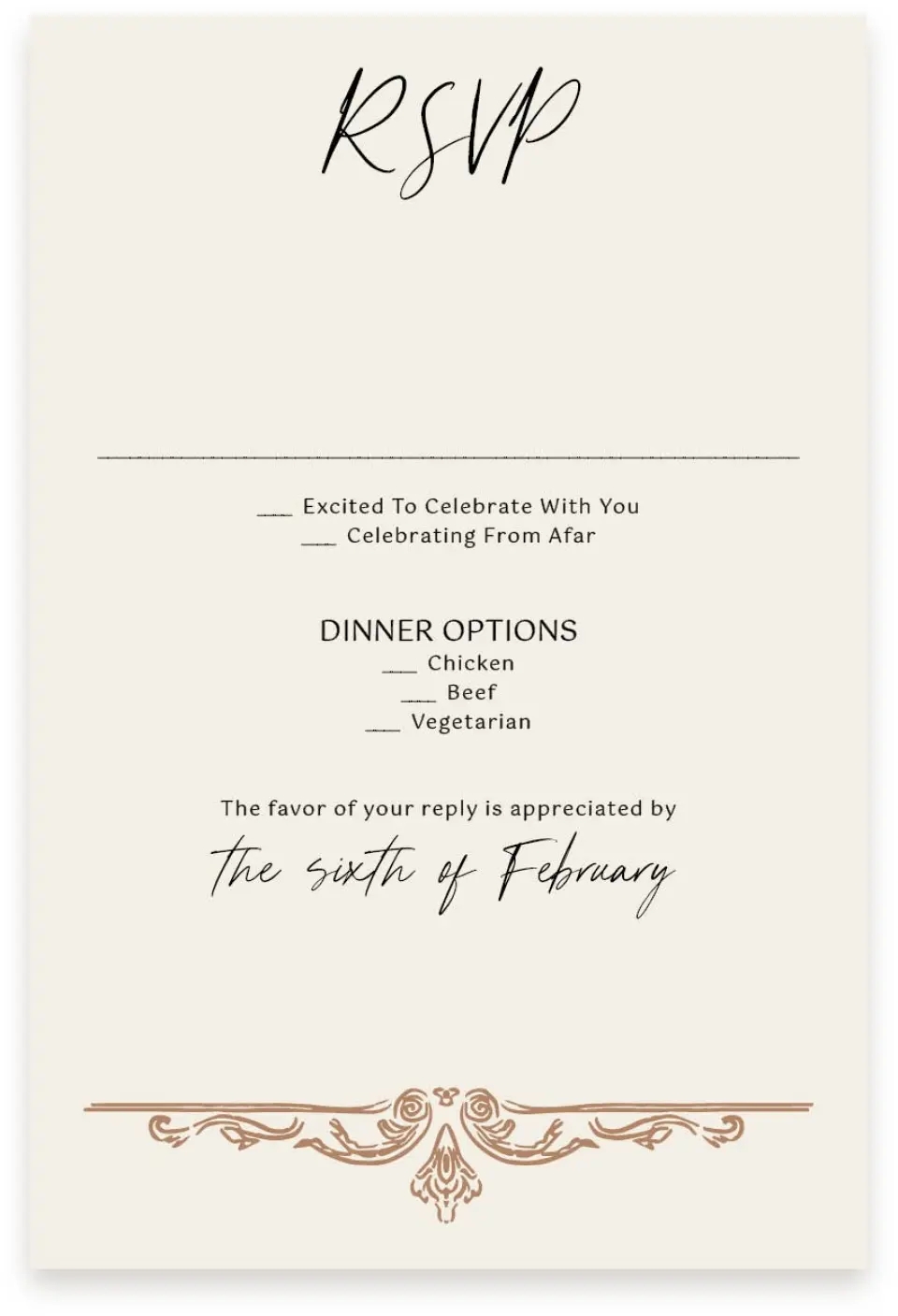 This is a  4" x 6" RSVP Postcards (Pocket Invitation) called Nazareth & Stone printed in full color with Rose Gold foil on Luxe Satin (coated) paper