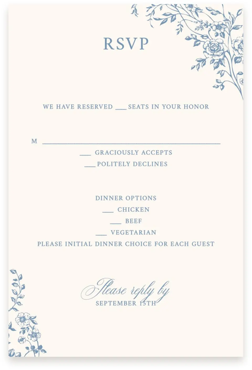 This is a  4" x 6" RSVP Postcards (Pocket Invitation) called Vintage Reverie printed in full color with Silver foil on Luxe Satin (coated) paper
