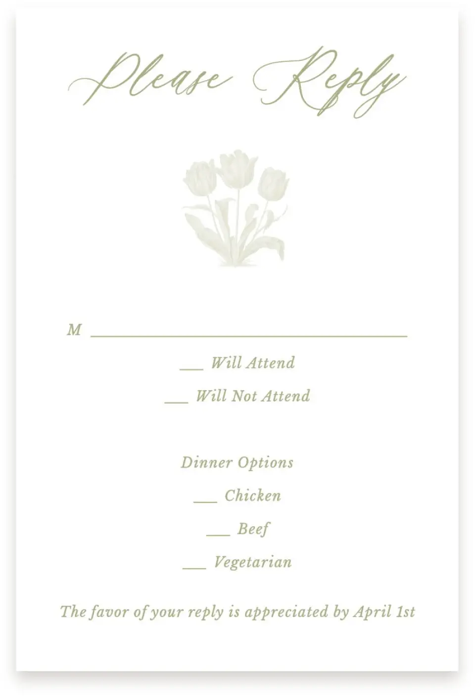 This is a  4" x 6" RSVP Postcards (Pocket Invitation) called Timeless Tulips printed in full color with Rose Gold foil on Luxe Satin (coated) paper