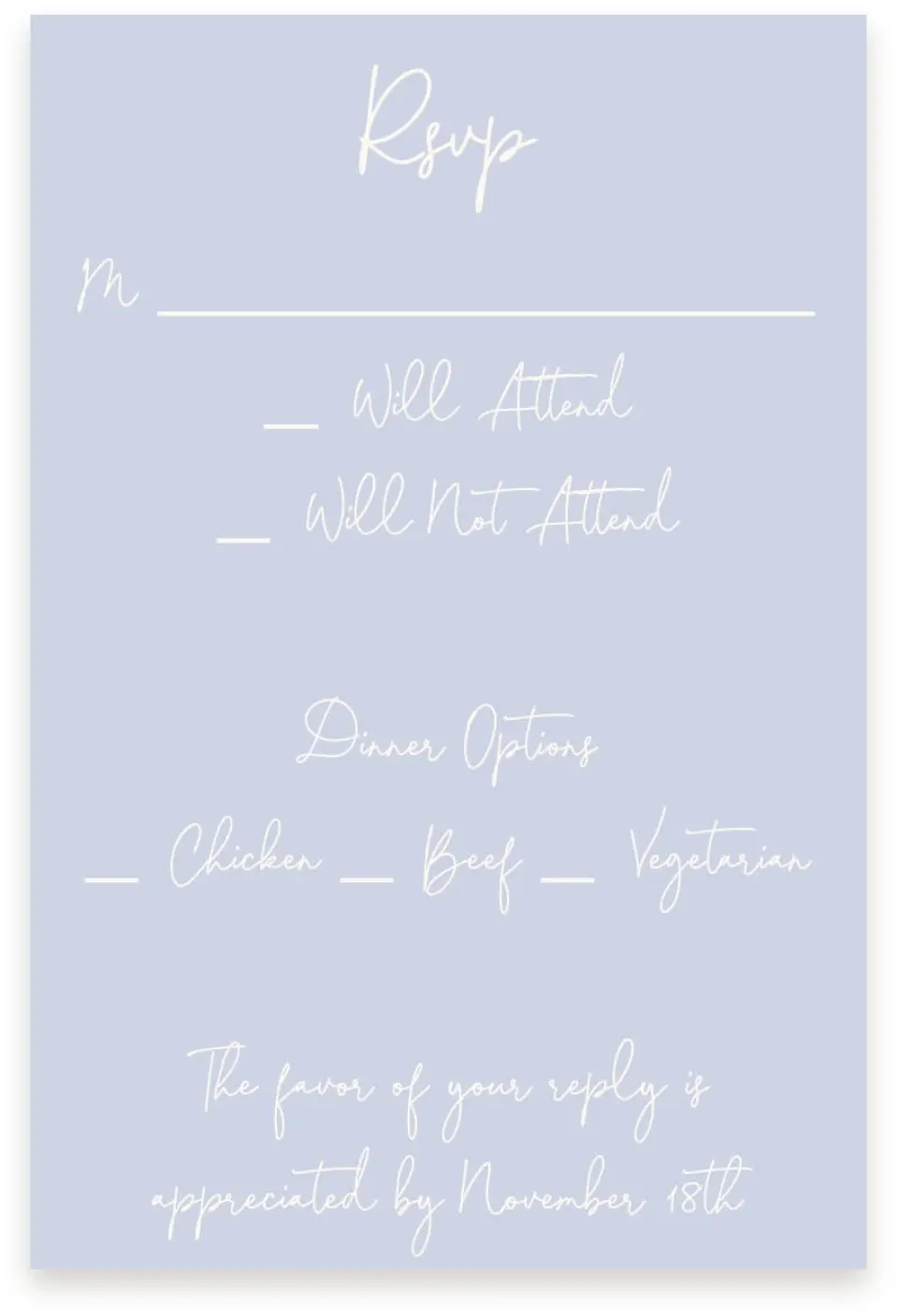 This is a  4" x 6" RSVP Postcards (Pocket Invitation) called Yours Truly printed in full color with Silver foil on Luxe Satin (coated) paper
