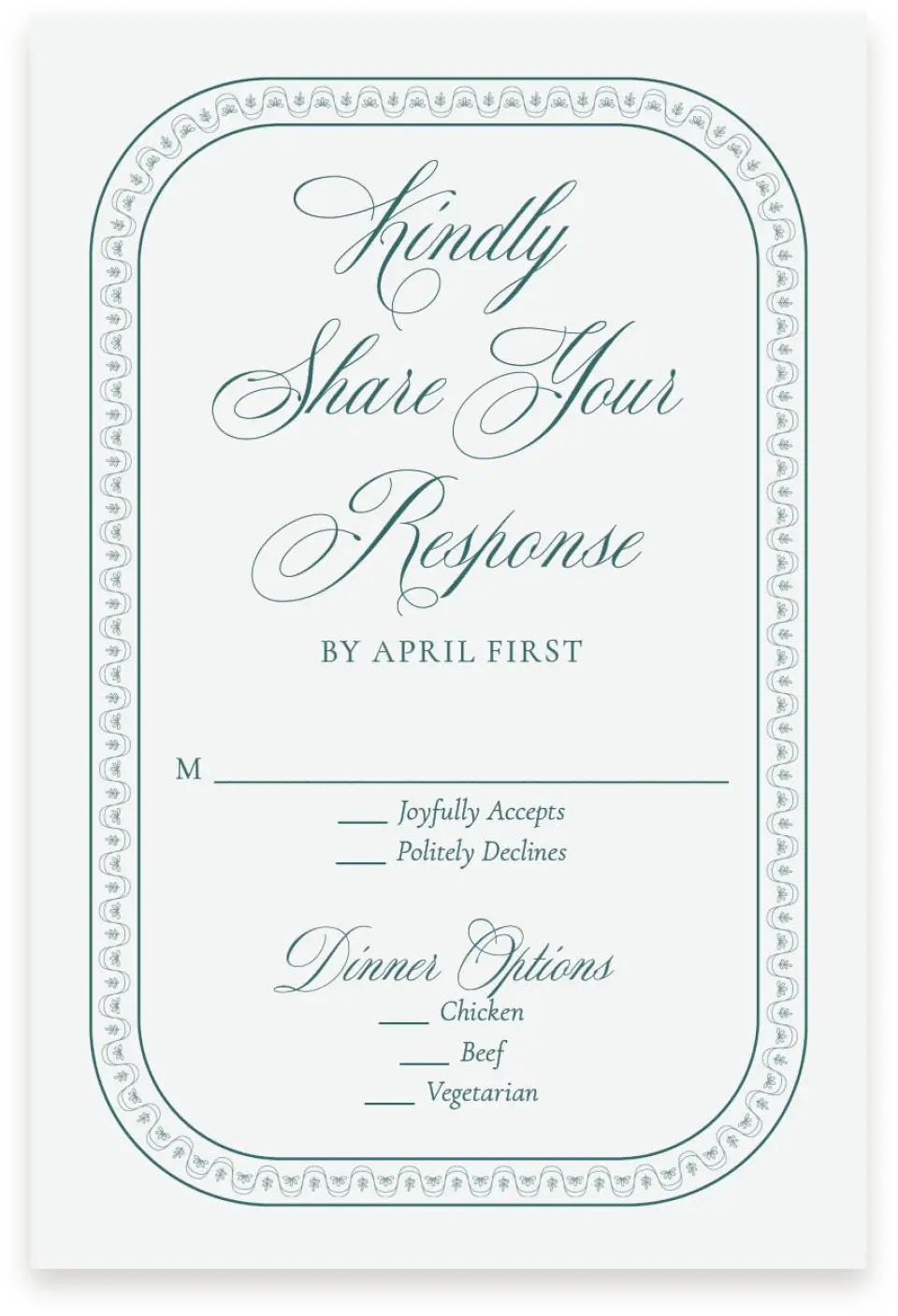 This is a  4" x 6" RSVP Postcards (Pocket Invitation) called Delicate Vintage printed in full color with Silver foil on Luxe Satin (coated) paper