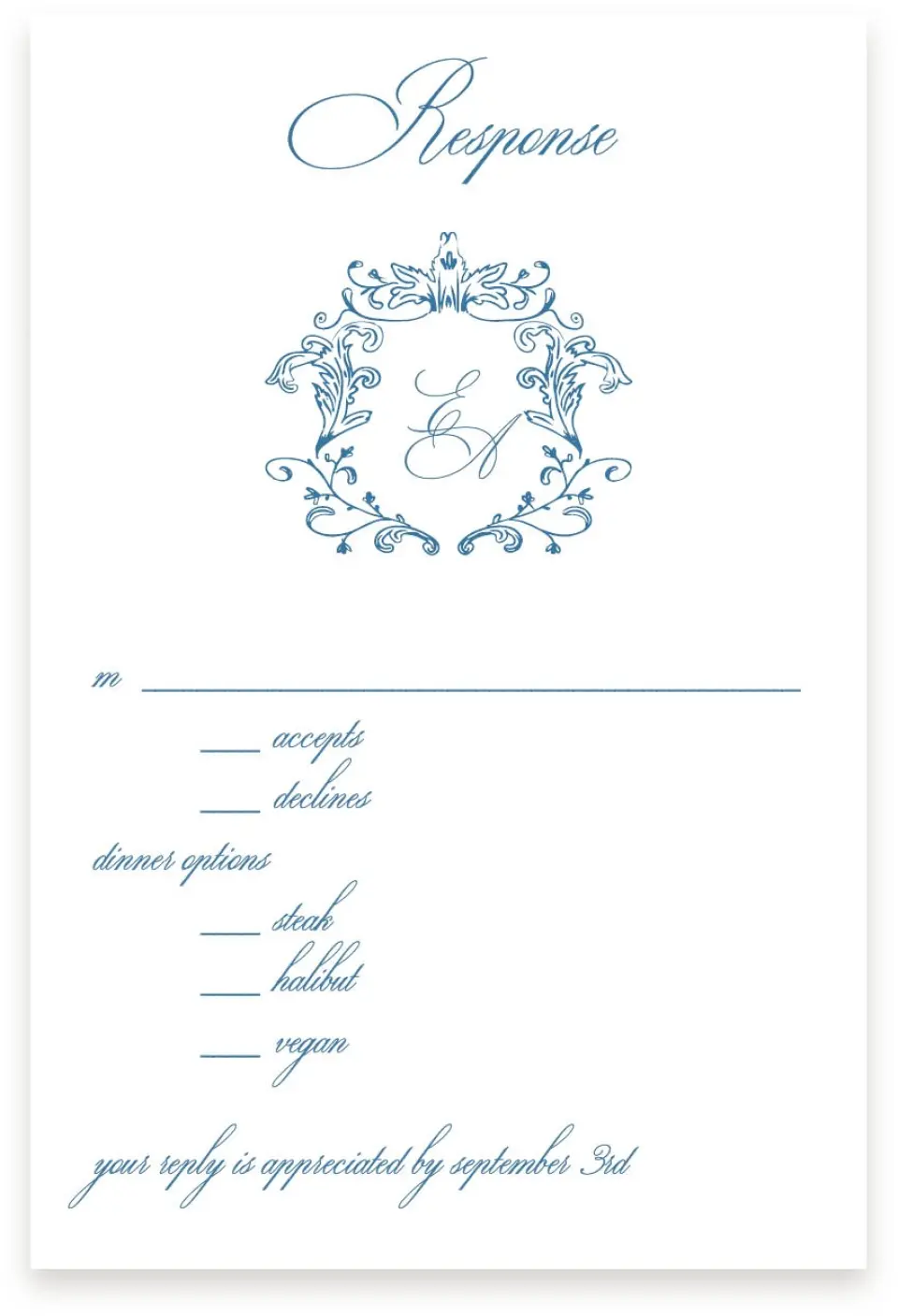This is a  4" x 6" RSVP Postcards (Pocket Invitation) called Blue Toile Romance printed in full color with Silver foil on Luxe Satin (coated) paper