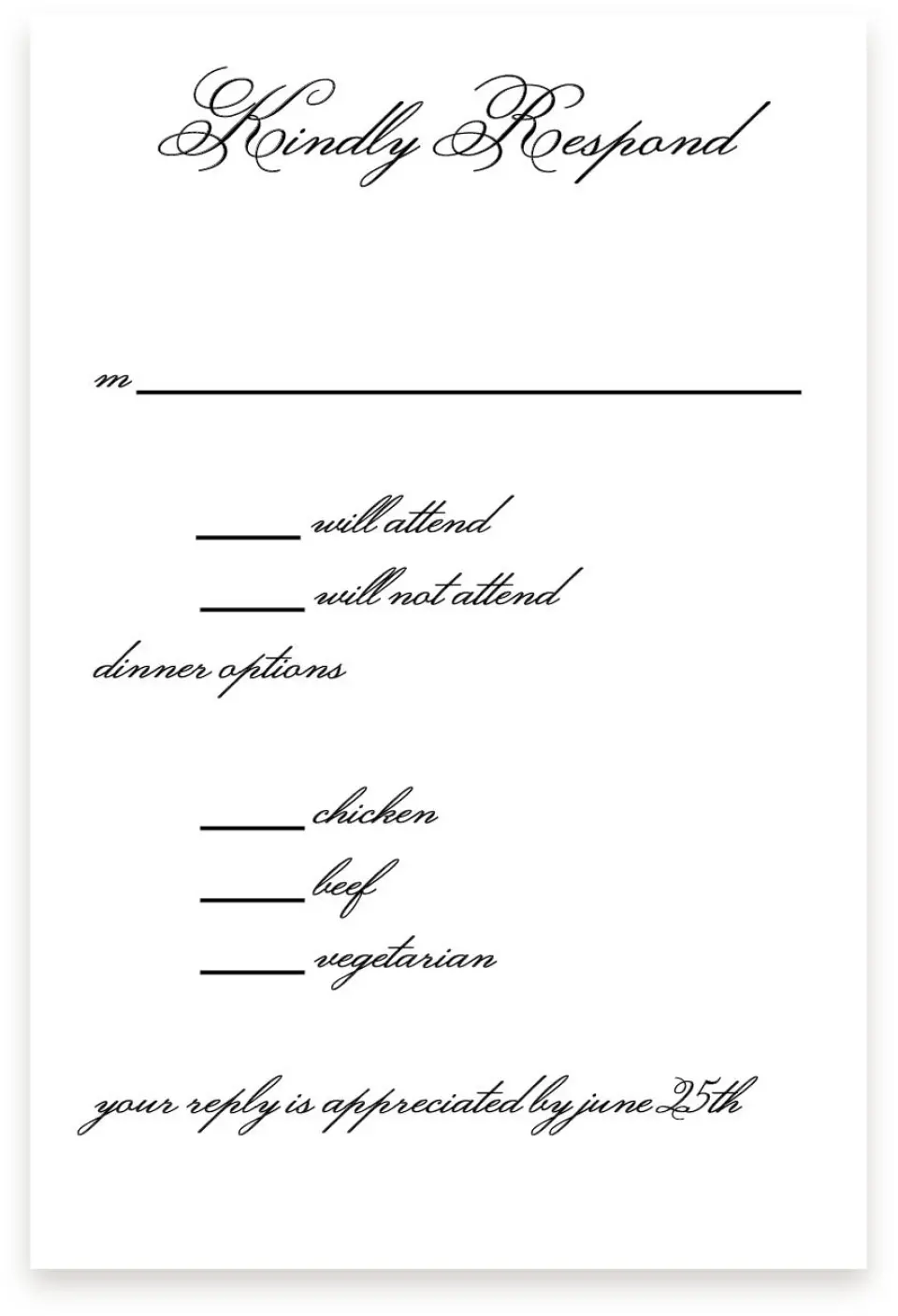 This is a  4" x 6" RSVP Postcards (Pocket Invitation) called Formal Script printed in full color with Silver foil on Luxe Satin (coated) paper