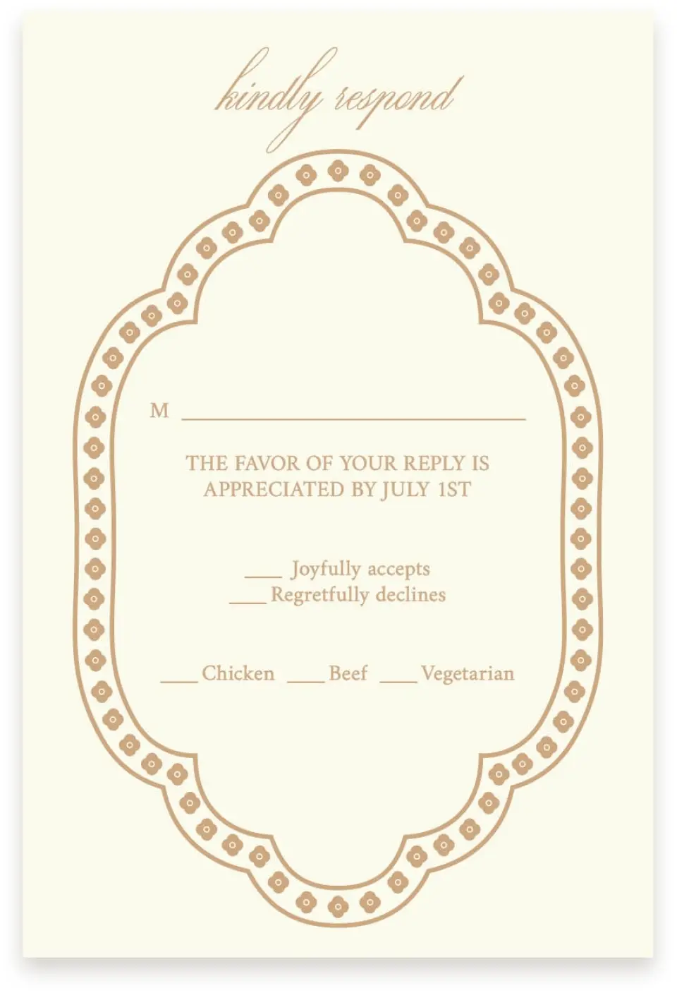 This is a  4" x 6" RSVP Postcards (Pocket Invitation) called Beaded Veil printed in full color with Gold foil on Premium Smooth paper