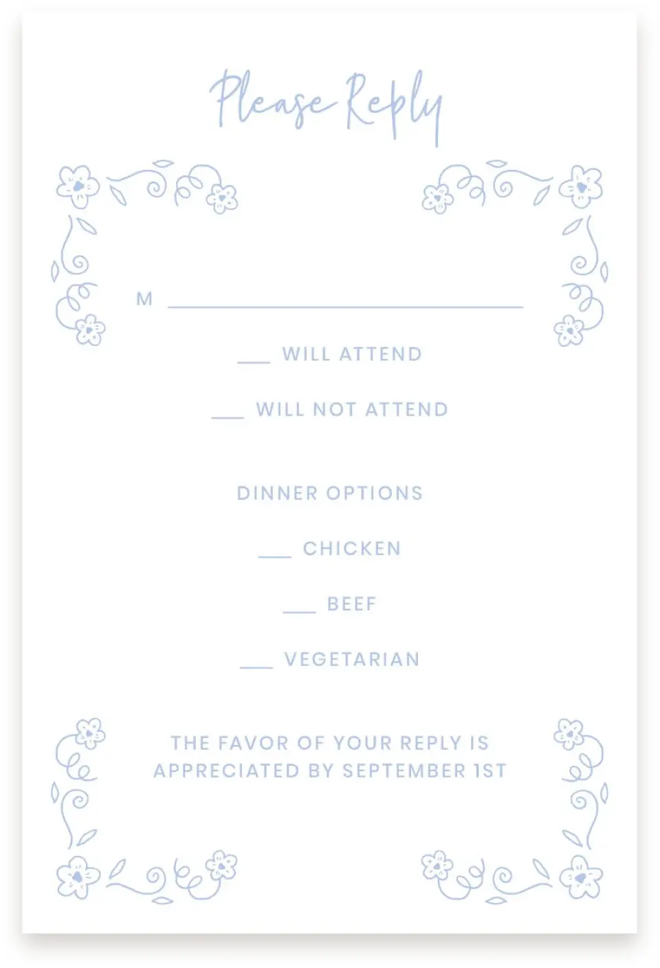 This is a  4" x 6" RSVP Postcards (Pocket Invitation) called Framed in Flowers printed in full color with Silver foil on Luxe Satin (coated) paper