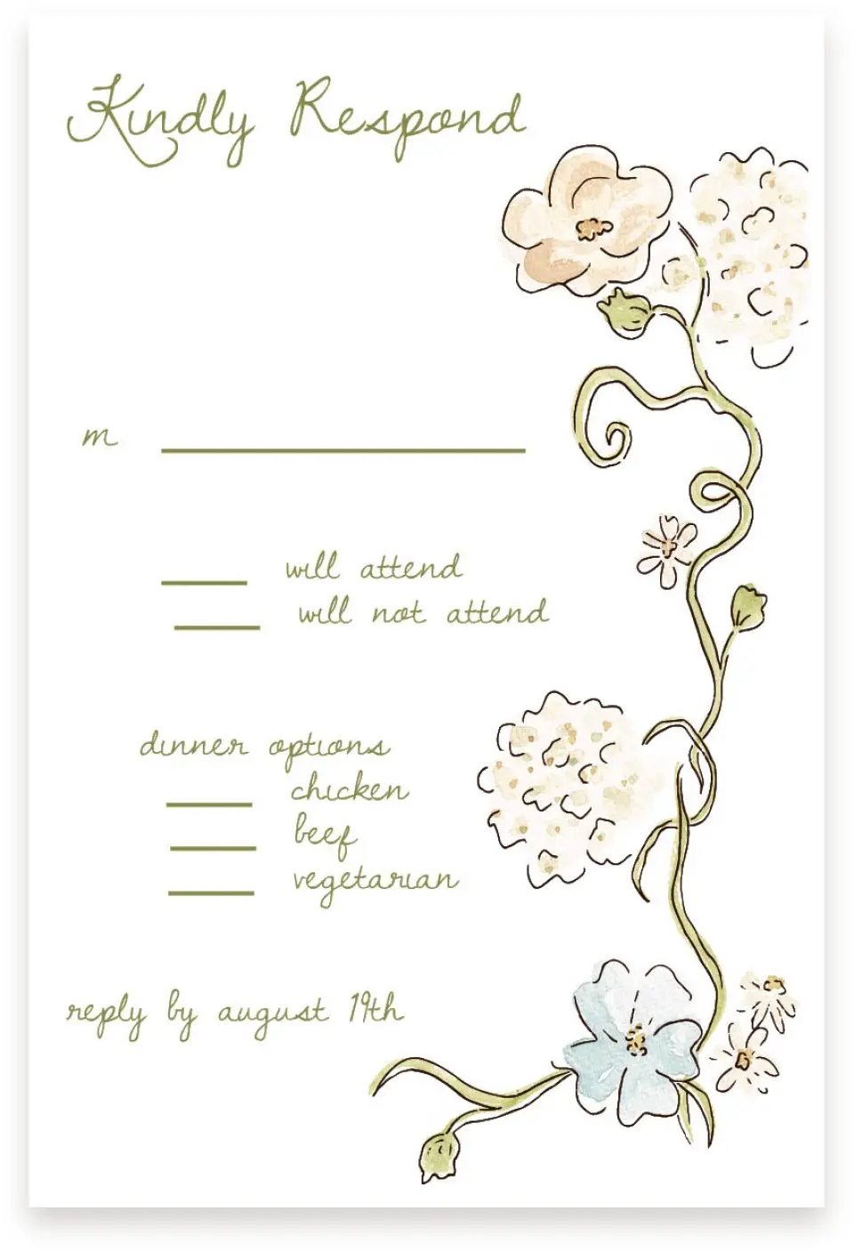 This is a  4" x 6" RSVP Postcards (Pocket Invitation) called Soft Garden Vows printed in full color with Silver foil on Luxe Satin (coated) paper