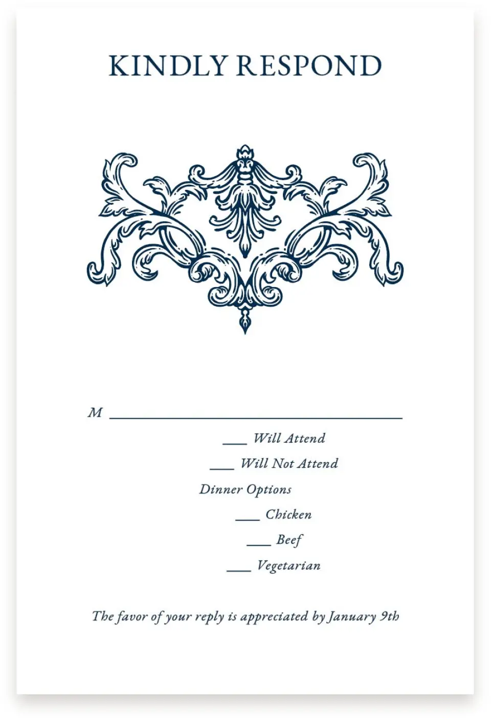 This is a  4" x 6" RSVP Postcards (Pocket Invitation) called Heirloom Crest printed in full color with Silver foil on Luxe Satin (coated) paper