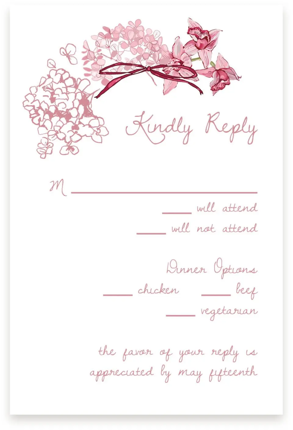 This is a  4" x 6" RSVP Postcards (Pocket Invitation) called Blushing Whimsy printed in full color with Silver foil on Luxe Satin (coated) paper
