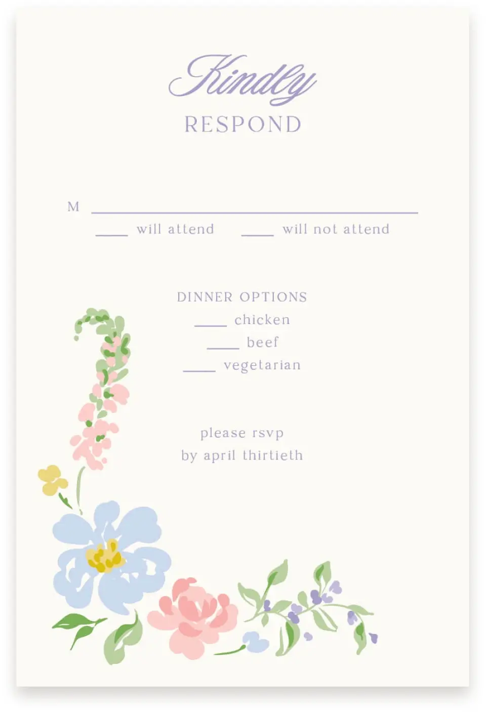 This is a  4" x 6" RSVP Postcards (Pocket Invitation) called Gentle Garden printed in full color with Rose Gold foil on Luxe Satin (coated) paper