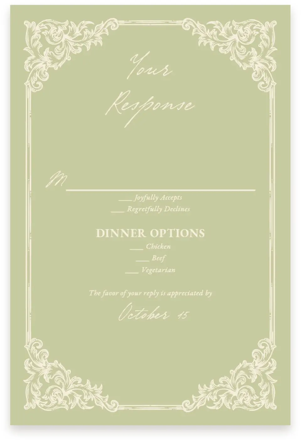This is a  4" x 6" RSVP Postcards (Pocket Invitation) called Victorian Aura printed in full color with Silver foil on Luxe Satin (coated) paper