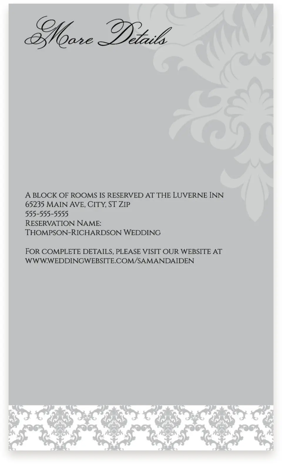 This is a  4" x 6.75" Enclosure Cards (Pocket Invitation) called Damask Elegance printed in full color with Gold foil on Luxe Satin (coated) paper
