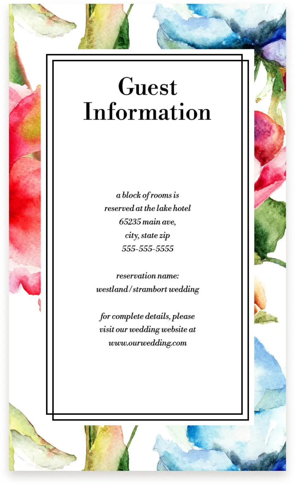 This is a  4" x 6.75" Enclosure Cards (Pocket Invitation) called Floral Watercolor printed in full color with Silver foil on Luxe Satin (coated) paper