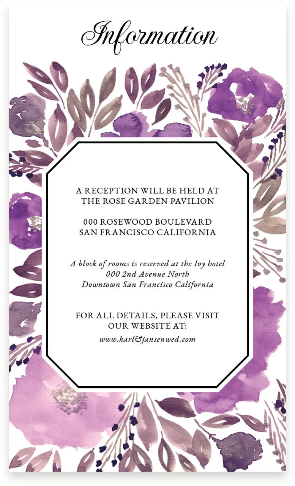 This is a  4" x 6.75" Enclosure Cards (Pocket Invitation) called Violet Watercolor printed in full color on Premium Smooth paper