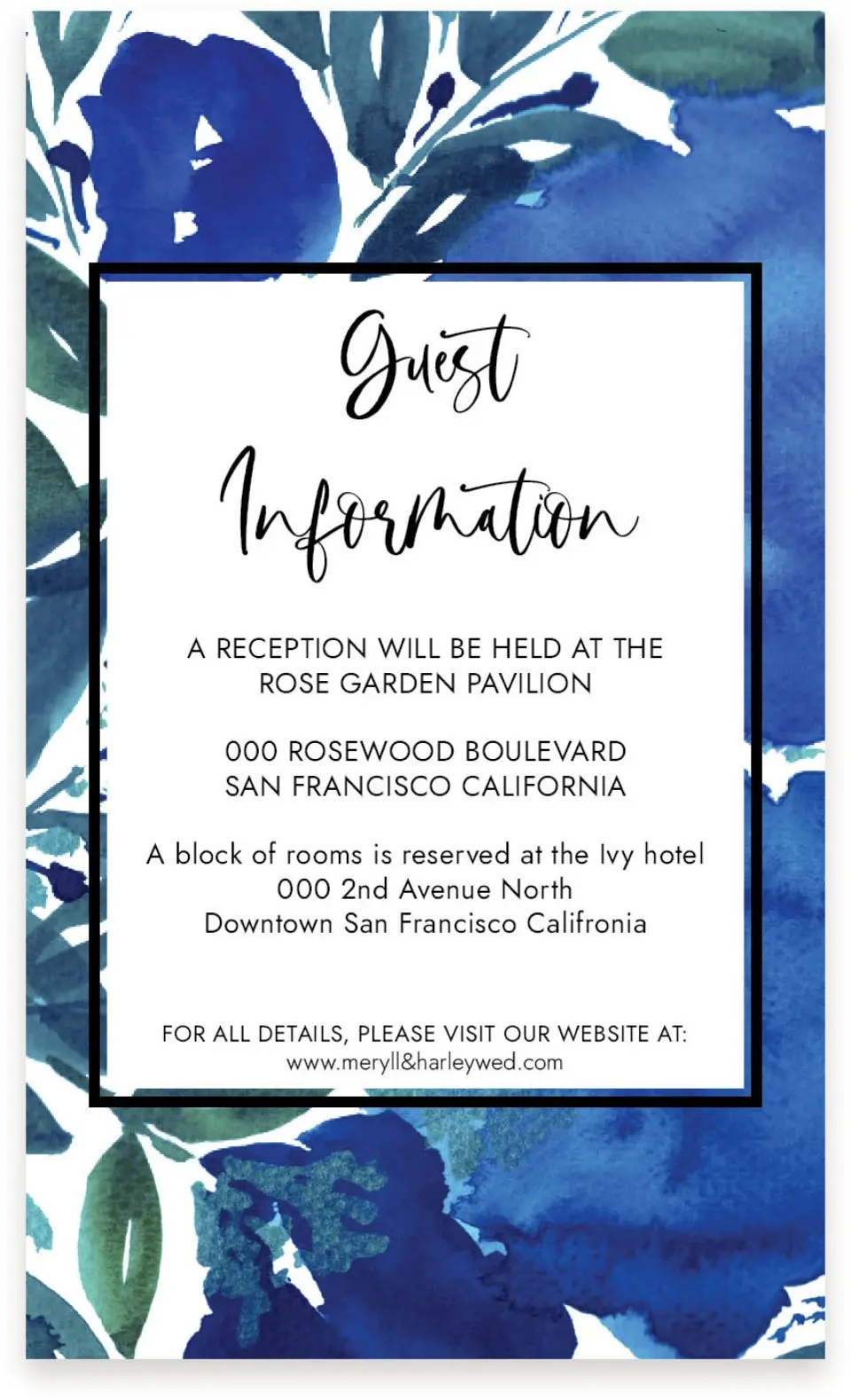 This is a  4" x 6.75" Enclosure Cards (Pocket Invitation) called Blue Blooms printed in full color on Premium Smooth paper