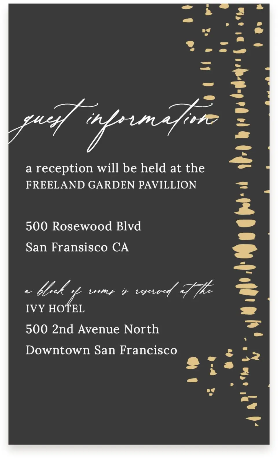 This is a  4" x 6.75" Enclosure Cards (Pocket Invitation) called Cascading Flecks printed in full color on Premium Smooth paper