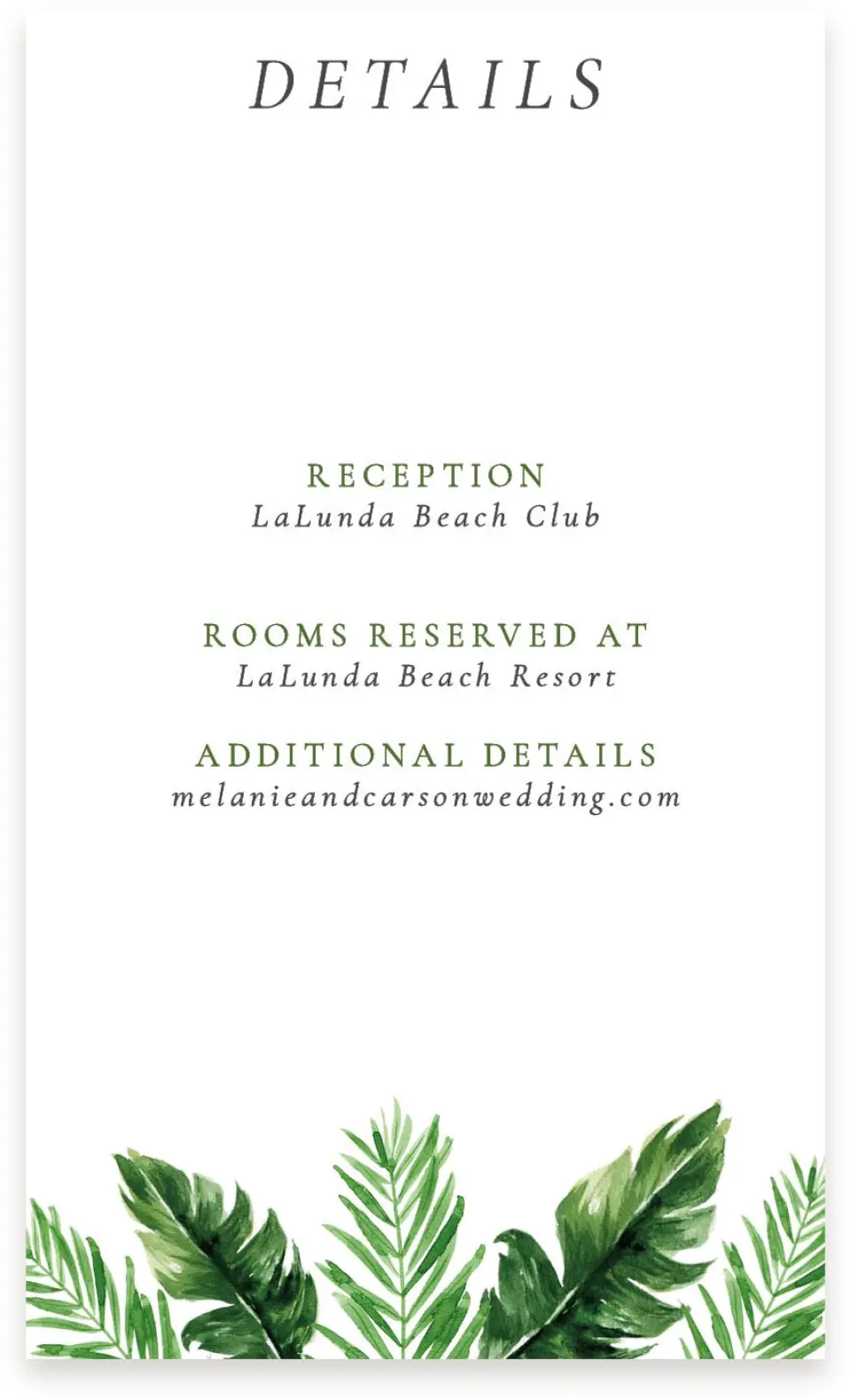 This is a  4" x 6.75" Enclosure Cards (Pocket Invitation) called Beach Palms printed in full color on Premium Smooth paper